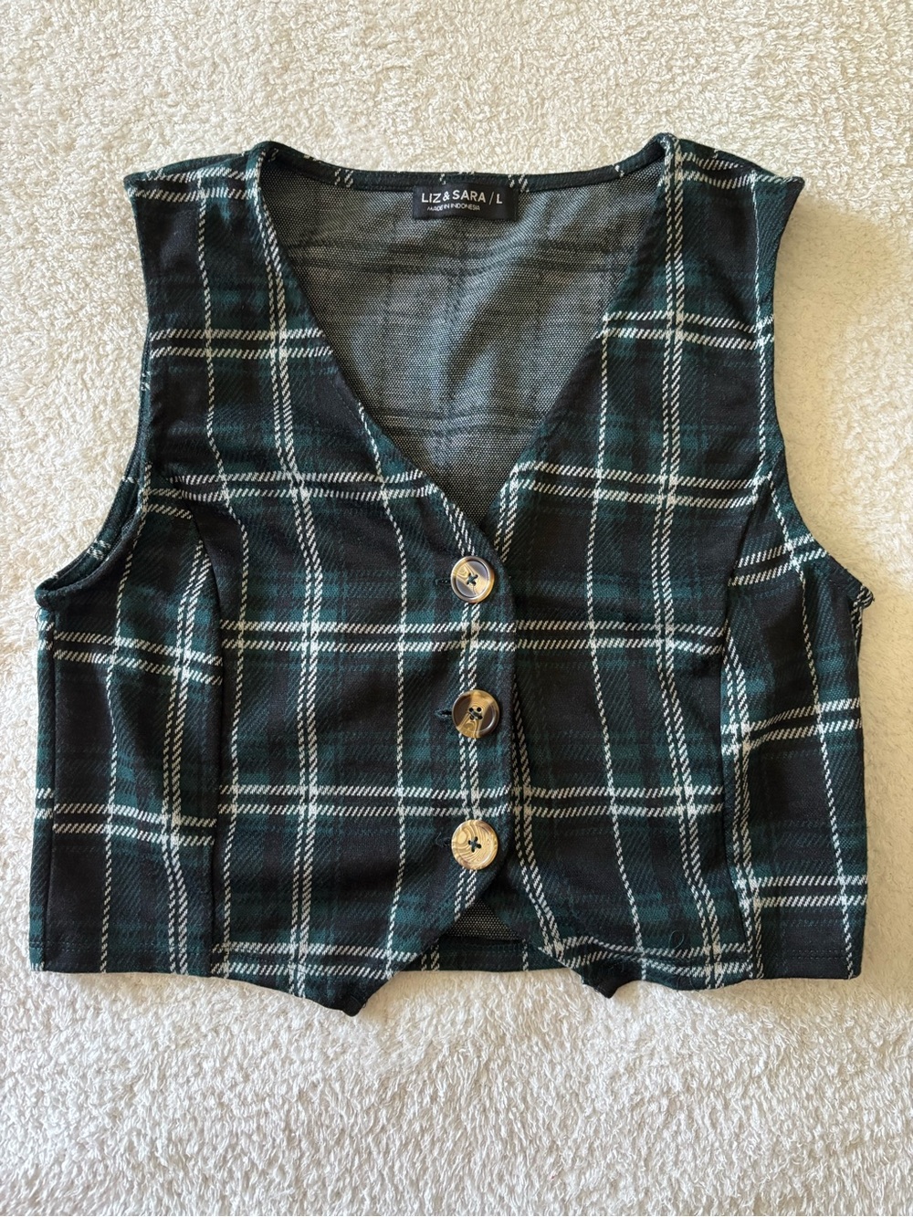 Liz & Sara Green Plaid Button-Front Crop Vest